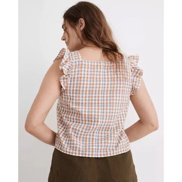 NWOT Gingham Seersucker Ruffle-Strap Button-Up Tank Top - Picture 4 of 6